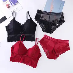 Women Lace Bra And Briefs Set Low Back Bra Crop Top Female Padded Bralette Transparent Solid Color Underwear Sexy Lingerie Set