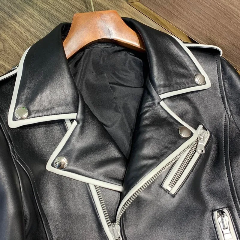 Women Short Real Leather Biker Jacket Streetwear Slim Sheepskin Coat Elegant Office Zipper Full Sleeve Ladies Outerwear S-XL