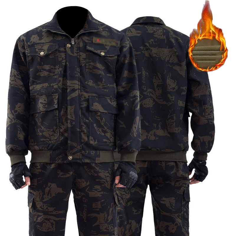 Men\'s Plus Velvet Overalls Thickened Autumn And Winter Windproof Warmth Wear-resistant Camouflage Suit Labor Insurance Clothing