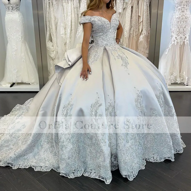 Silver Off Shoulder Ball Gown Quinceanera Dress Customized Sweet 16 Dress Pageant Gowns Long Prom Party Dress