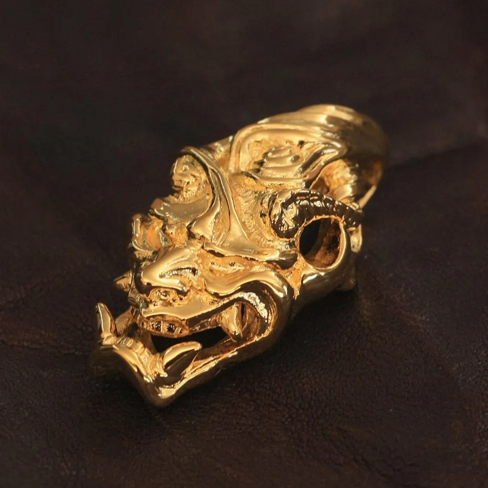 LINSION Japanese Ghost Prajna Skull Pendant Gold Plated Brass Mens Biker Rock Punk Jewelry GP276 JP