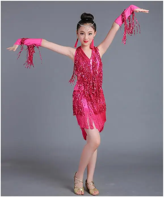 1set/lot children fashion latin sequin dress girl  v-neck tassel dancing dress 4colors