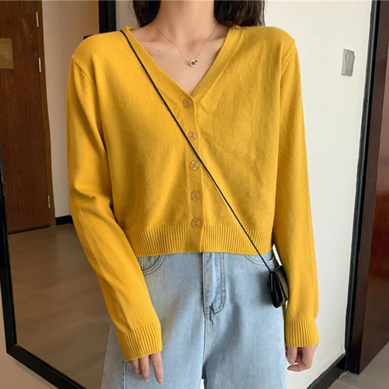 Spring Autumn Solid Color Cropped Sweater Korean Basic V-neck Student 9 Colors Cardigan Sweater Women All-match Long Sleeve Tops