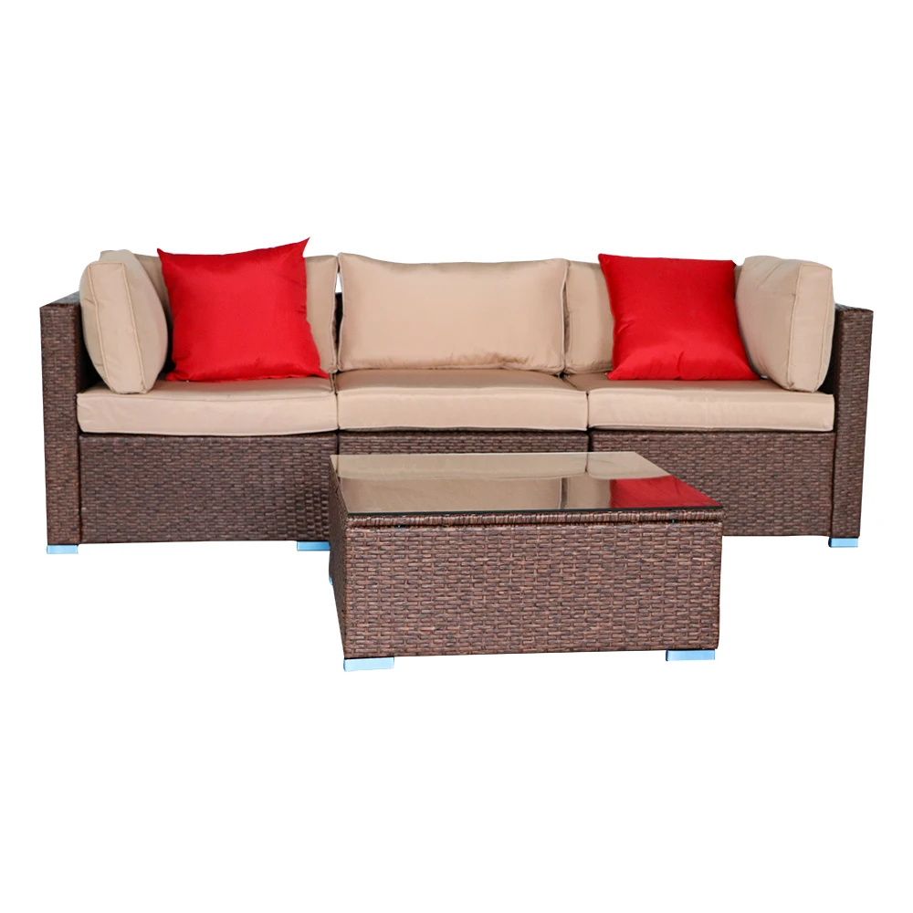 Patio Furniture 4 Pieces Wood Grain Patio PE Wicker Rattan Corner Sofa Set Patio Furniture Outdoor Set