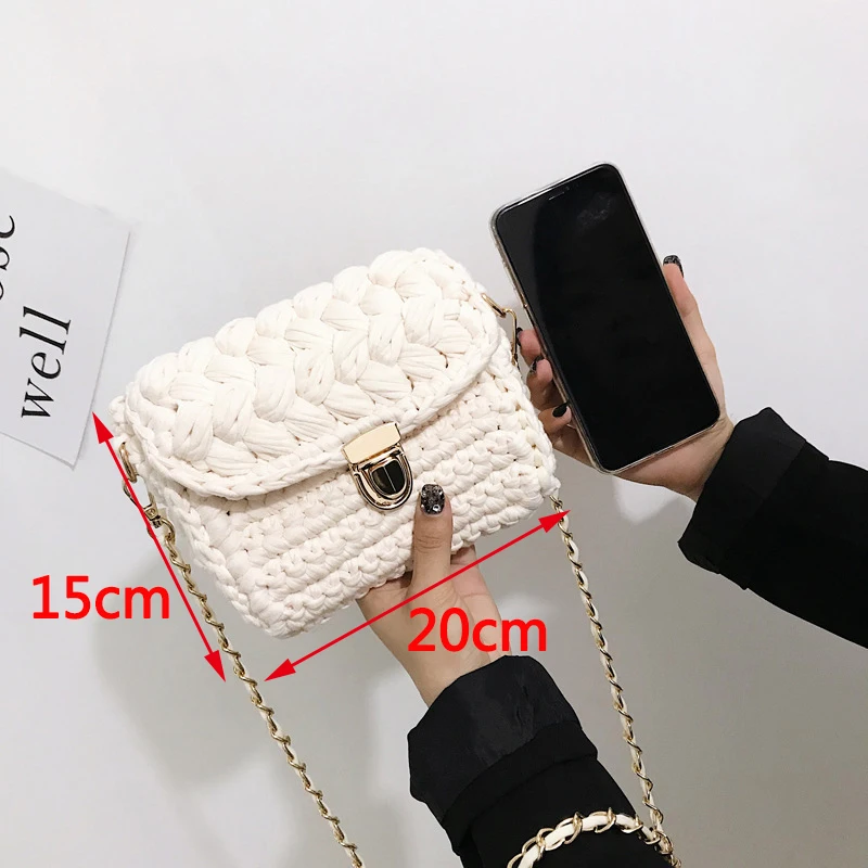 Casual Solid Hand-woven Square Women Bags Cotton Handmade Crochet Women\'s Shoulder Bag Chains Lock Crossbody Bags For Women 2020