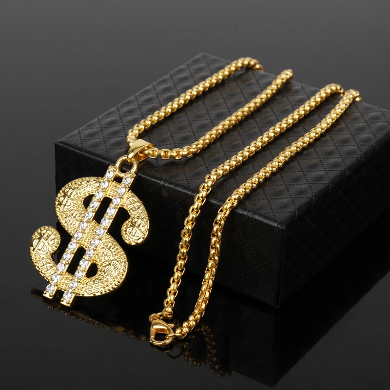 Hip Hop Rap Gold Color US Dollar Pendant Necklace Chain Accessories Enamel Jewelry Rhinestone Money Dollar Logo Men Gifts