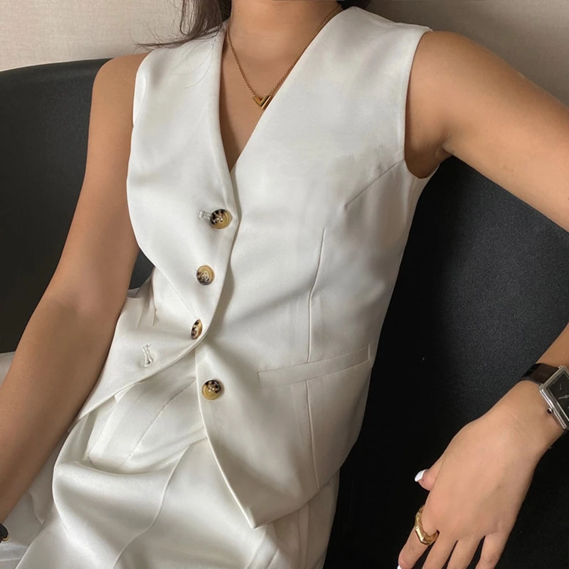 Women's Suit Vest Jacket Nylon Blended V Neck Solid Black White Short Vest Korean Slim-Fitting For Casual Vest Clothing 2021