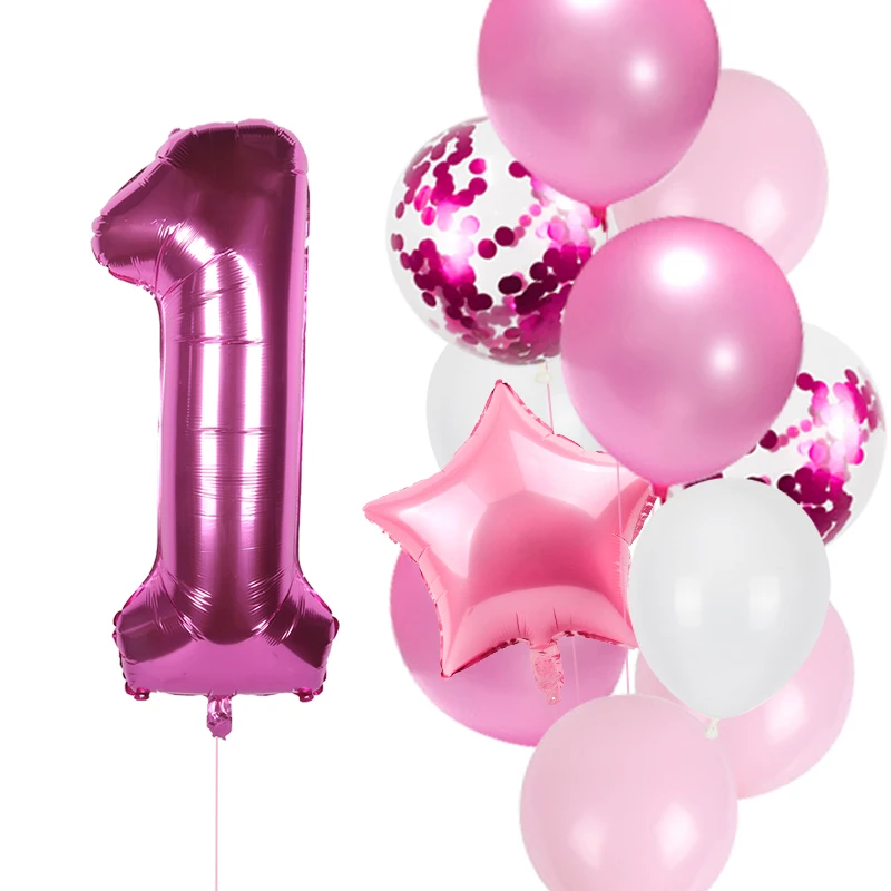 Juego de globos de látex para niños, Set de 12 unids/set de decoración para fiestas de cumpleaños de 1 año, de color rosa, azul, rosa y dorado