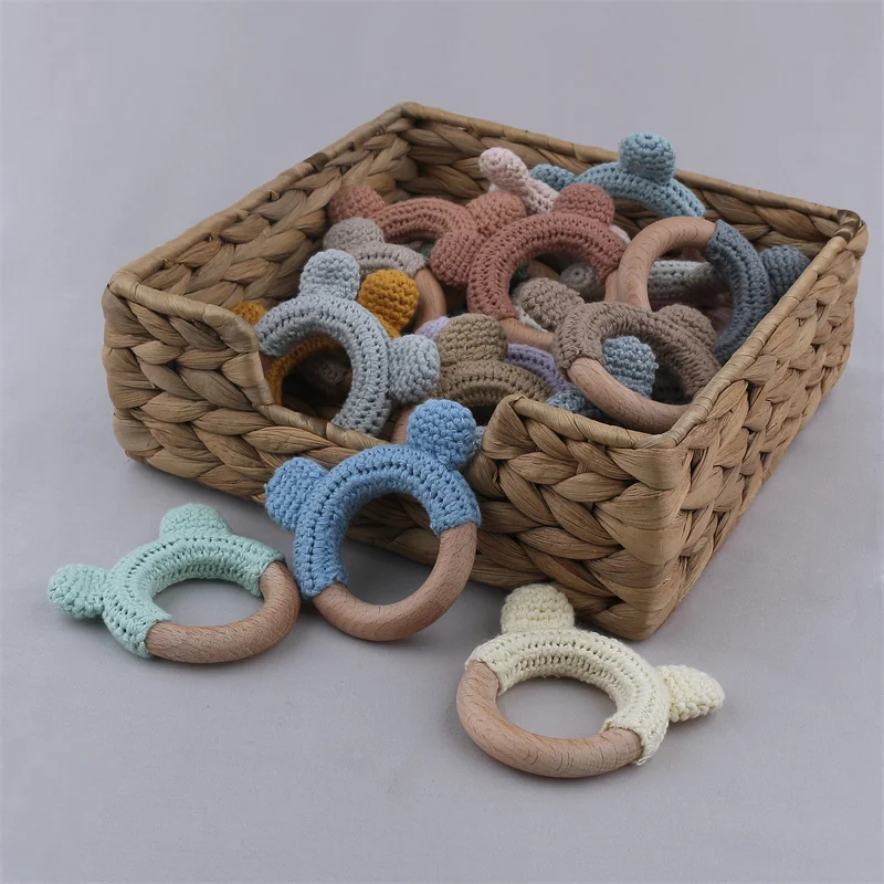 Food Grade drewniane pierścienie nadgarstek niemowlę karmienie koła ukąszenia zabawki DIY Knitting gryzaki dla niemowląt noworodka Fitness rama