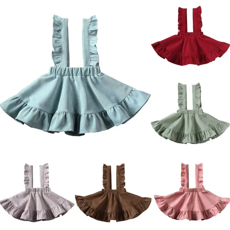 Baby Girls Ruffle Suspender Dresses Cute Solid Color Sleeveless Backless Dress Outfits Corduroy Lace Strap Dresses Sundress