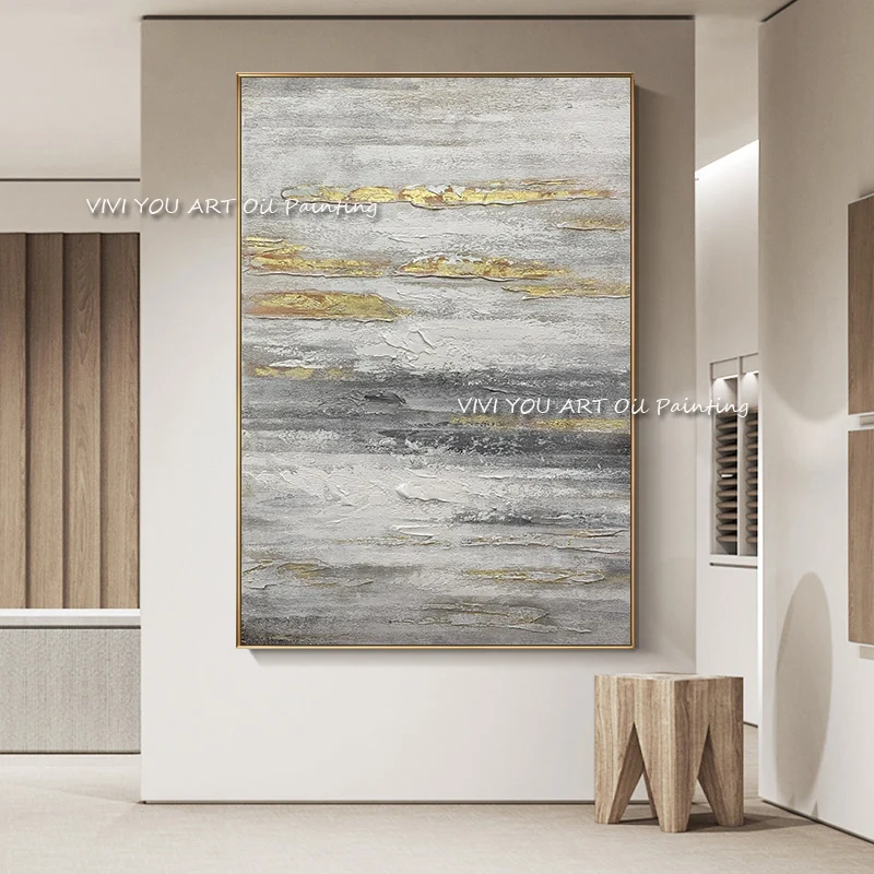 The Fashion Handmade Gray Foil Oil Paintings Canvas Abstract Palette Painting Wall Picture for Bed Room Decoration Yellow White