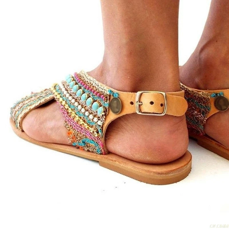 Summer Women Sandals Open Toe Beading Flat Sandals Female Sandalias Shoes Foreign Ethnic Style Bohemian Beach Shoes Plus Size