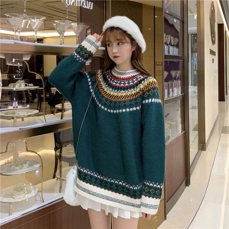 Autumn Winter Clothes Women Christmas Party Jacquard Knitted Sweaters Female Midi Casual Long Sleeve Loose Warm Pullover Tops