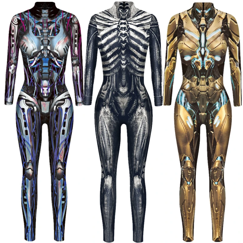 Robot Punk Skeleton Cyberpunk Steampunk Sexy Slim Jumpsuit Catsuit Cosplay Costumes Zentai Women Bodysuit Clothes Halloween