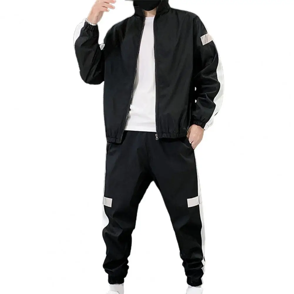 Coat Pants Set  Reflective Strip   Sports Suit Men Casual Zipper Closure Sporty Outfit