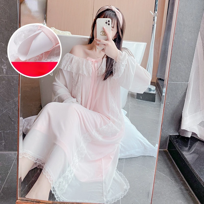 Women Romantic Nightgowns Mesh Long Sleeve Fairy Night Dress Victorian Lace Peignoir Vintage Lolita Nightie Princess Sleepwear