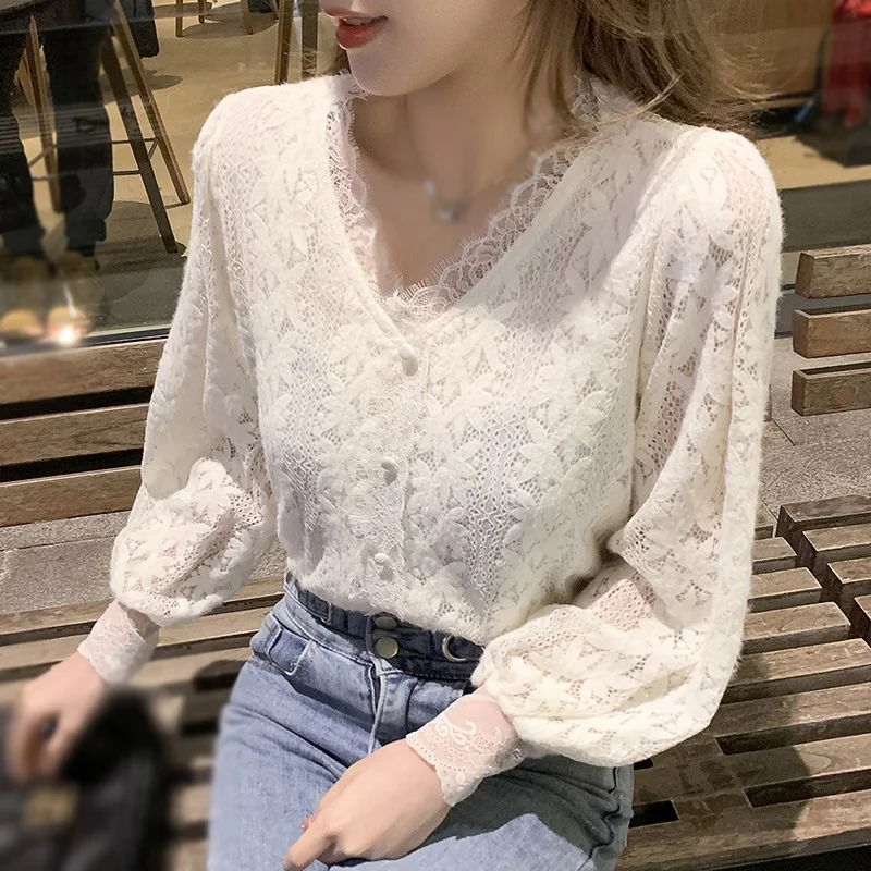 Women\'s Fashion V Neck Shirts Spring Autumn Lace Sweet Sexy Long Sleeve Blouse Tops