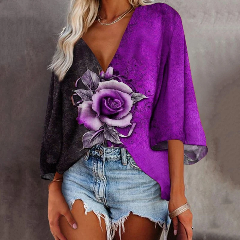 

Three-Quarter Sleeve Shirt Woman Fashion Loose Big Size Temperament Casual Top Spring Autumn Streetwear Lady Rose Flower Print