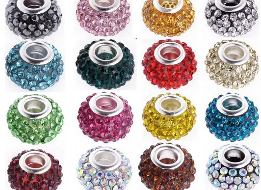 

oki9t Mix 20 Color 14MM 100Pcs/lot Resin Rhinestone Silver Plated Core Big Hole Crystal European Beads Fit Charm Bracelets