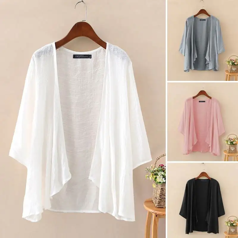 

2022 ZANZEA Women's Summer Blouse Fashion Beach Cardigans Solid Casual 3/4 Sleeve Shirt Female Tunic Tops Kimono Cape