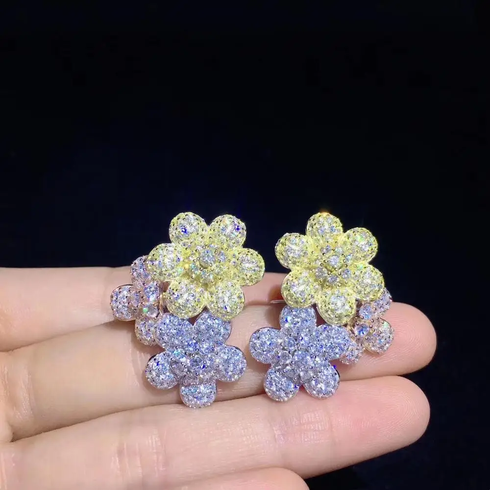 3 flowers together stud earring 925 sterling silver with cubic zircon  yellow white color mixed fine  women jewelry for party