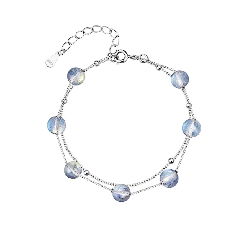 LIVVY Silver Color Double Bracelet Natural Moonstone Round Bead Chain Bangle Female Fashion High-end Design Simple Party Jewelry