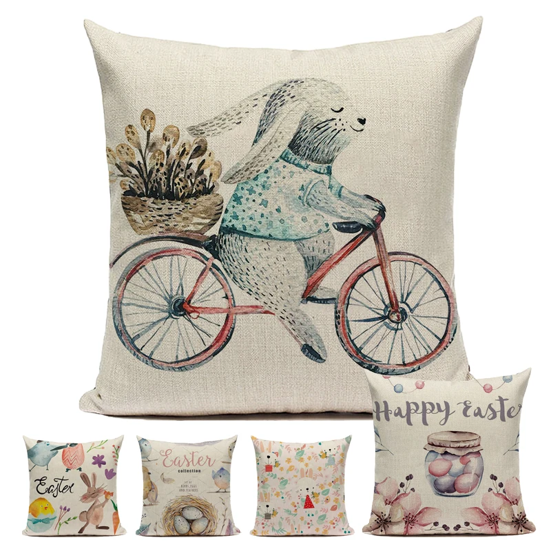 CANIRICA Happy Easter Pillow Cover Easter Rabbit Decorative Pillows For Living Room Sofa Cushion Cover 45x45cm Funda Cojin Gift