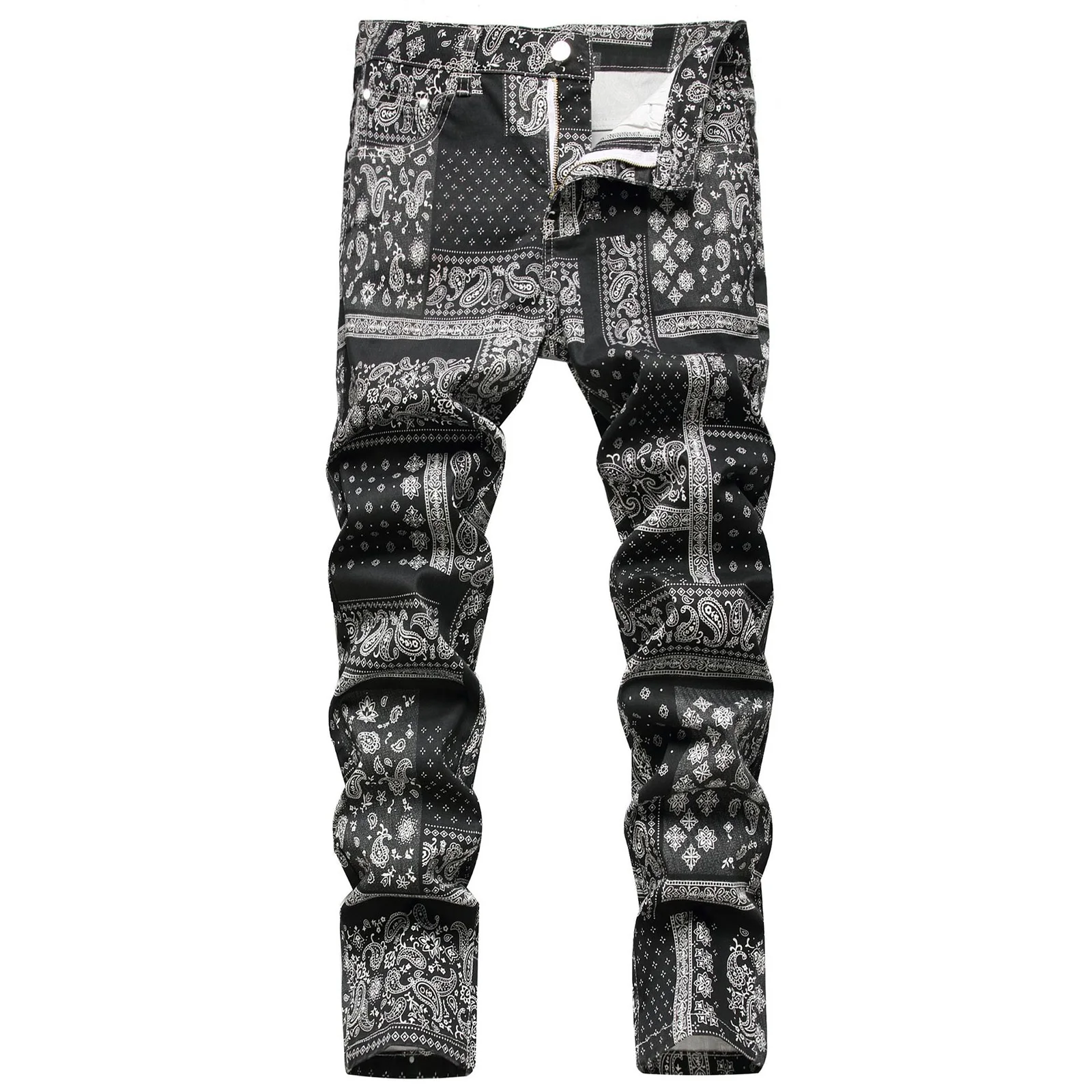 Men Paisley Bandanna Printed Jeans Fashion 3D Digital Painted Stretch Denim Pants Slim Straight Black Trousers