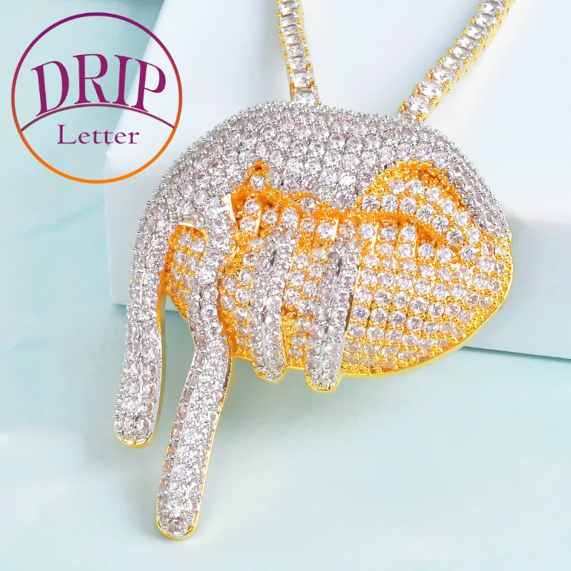 

Double Color Dripping Lips Drooling Pendant Free Rope Chain Bling AAA Cubic Zircon Men's Hip Hop Rapper Rokas Jewelry