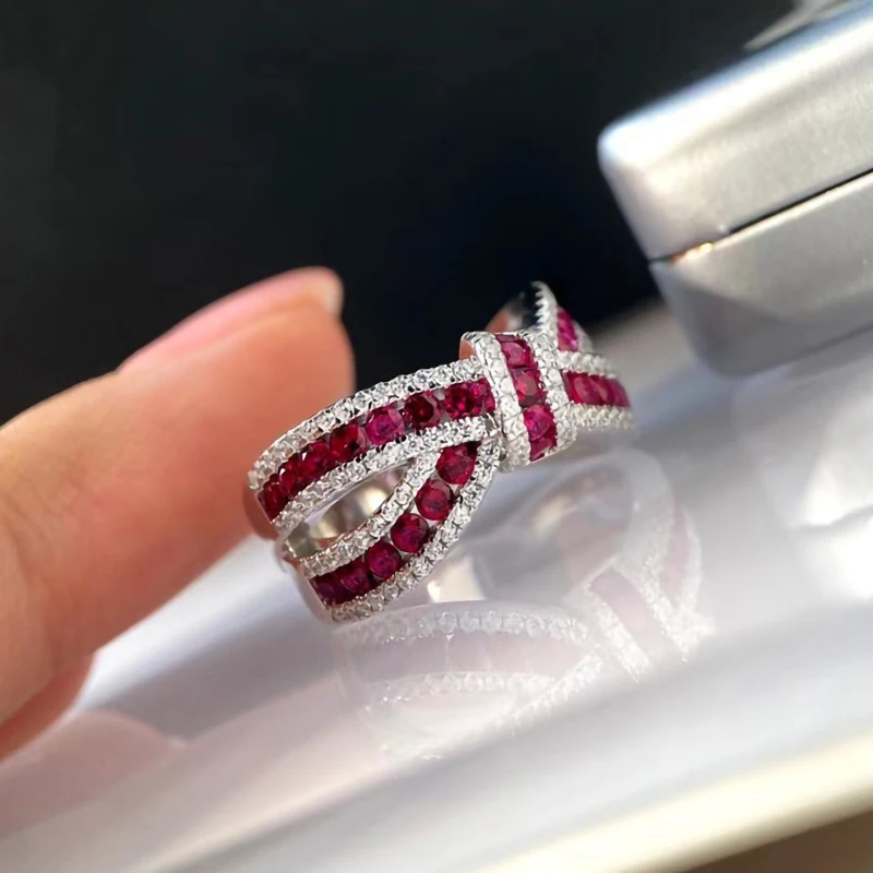 Luomansi Natural Ruby Bow Gemstone Ring S925 Sterling Silver Romantic Woman Anniversary Party High Jewelry