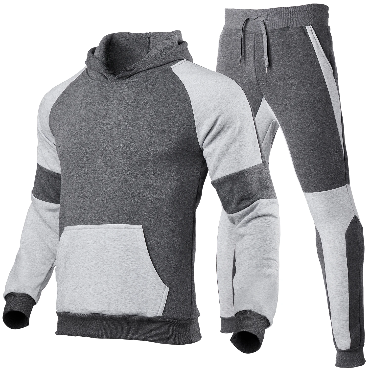 Men Tracksuit Casual 2 Pieces Sets Patchwork Sweatshirt Hooded+Sweatpants Print Sportswear Male Clothes Solid Jogger Sport Suit