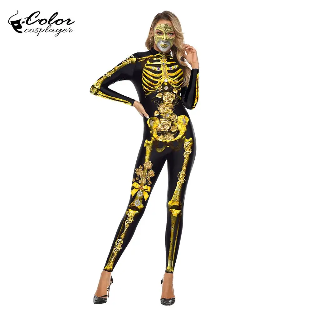 สี Cosplayer ฮาโลวีนแน่นผู้หญิง Zentai ชุด Steampunk Skeleton พิมพ์ Bodysuit Purim เทศกาลคอสเพลย์เครื่องแต่งกาย Catsuits