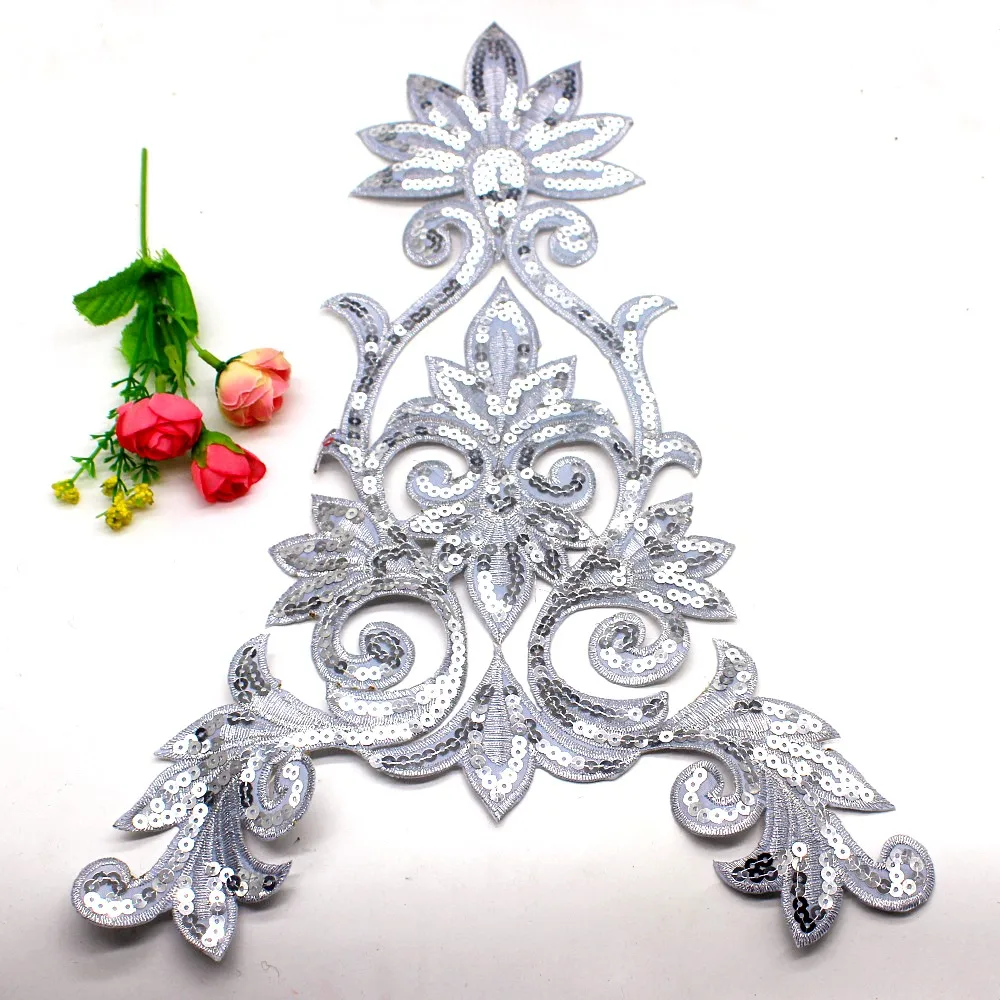 1 Piece Sequined Embroidered Appliques Silver Iron On Patches For Cosplay Costumes Trims Diy Dress Lace King Of Flower 25*40cm