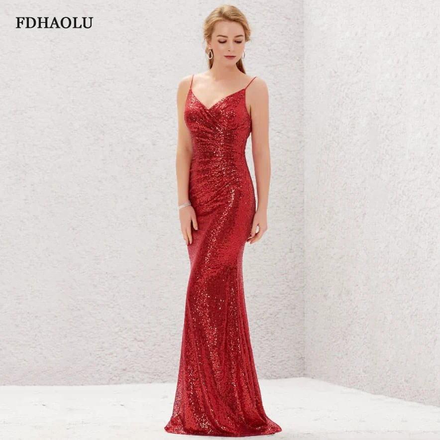 Fshaolu-vestido de fiesta Formal AE128, traje Sexy rojo con cuello en V, sin mangas, de lujo, Dubai, lleno de lentejuelas, para cóctel y noche, 2020