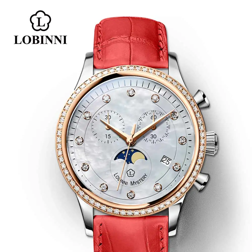 

Switzerland Luxury Brand LOBINNI Quartz Watch Women Fashion Multi-function Diamond Waterproof Moon Phase Female Stop Clock L7006