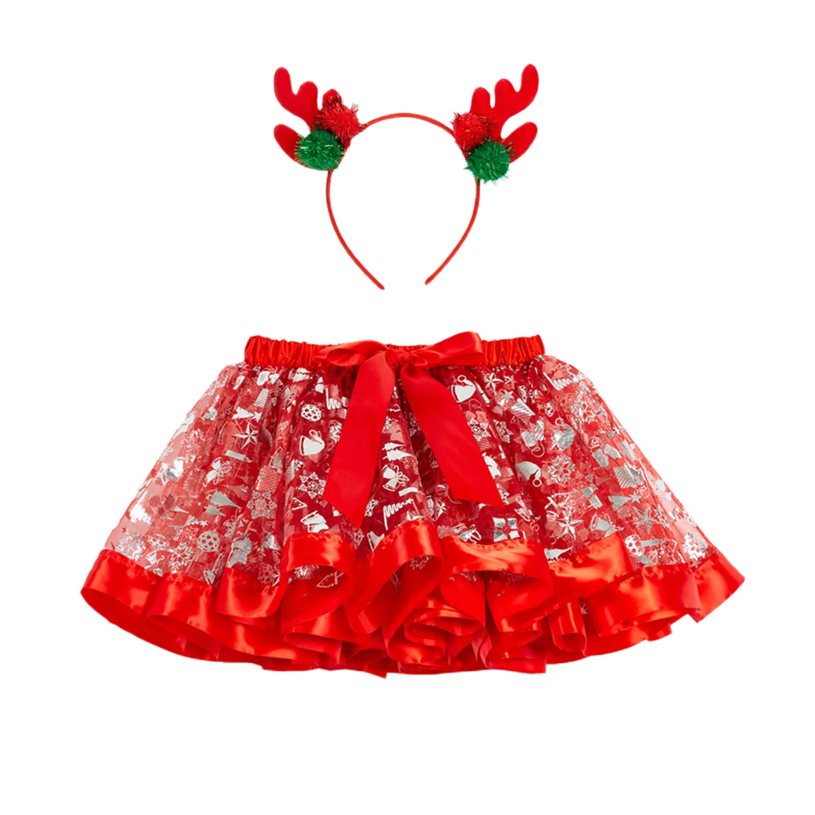 Kids Girl Princess Skirt Outfit Baby Elastic Waist Christmas Print Tutu Skirt Elk Headband Sets Baby Girls Spring Autumn Skirts