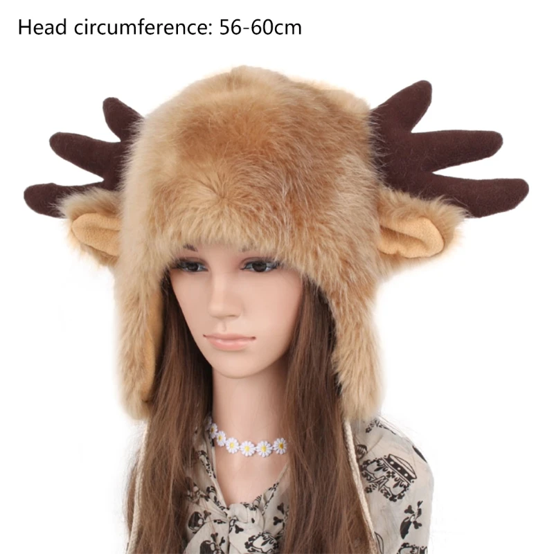 Winter Furry Plush Trapper Hat Ox Horns Deer Antlers Earflap