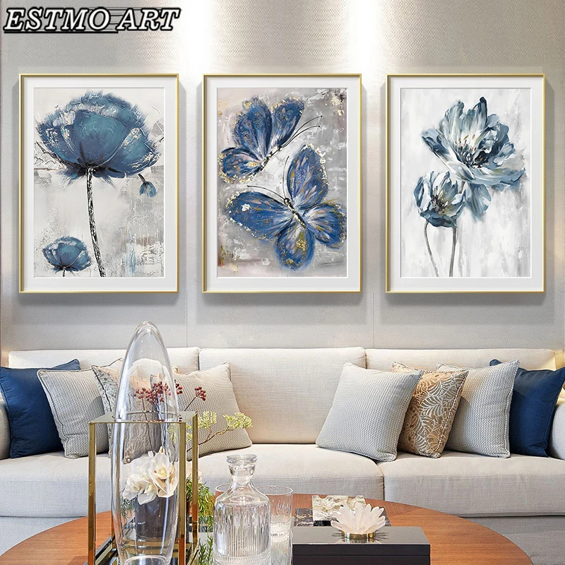 

Abstract art Blue Flower Butterfly Oil Painting Modern Hotel Wall Art Picture Decorative Painting for Living Room Aisle Decor