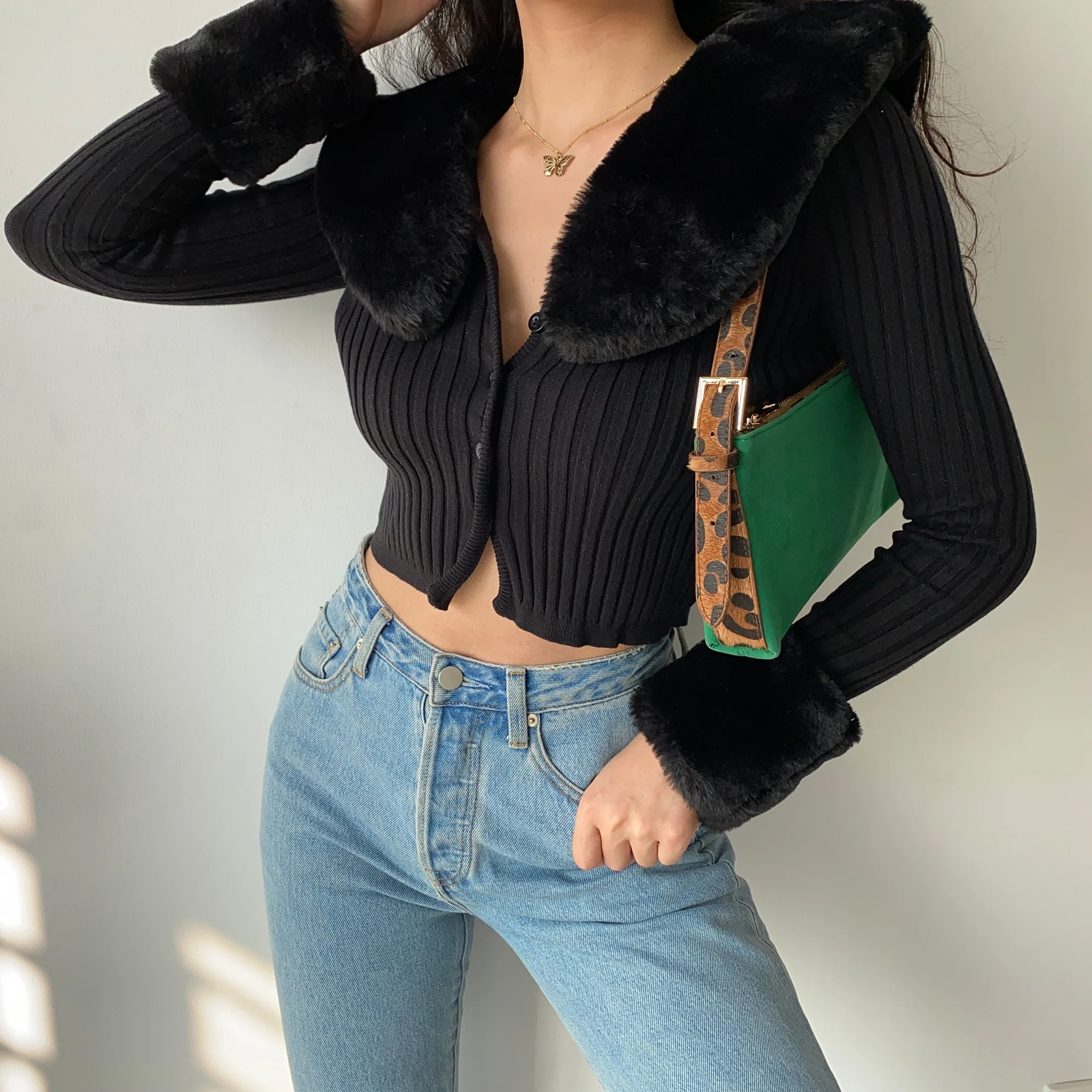 TVVOVVIN Fashion Trend Removable Rabbit Fur Collar Long Sleeve Slim Knitted Sweater Winter Solid Color Cardigan 9NY5