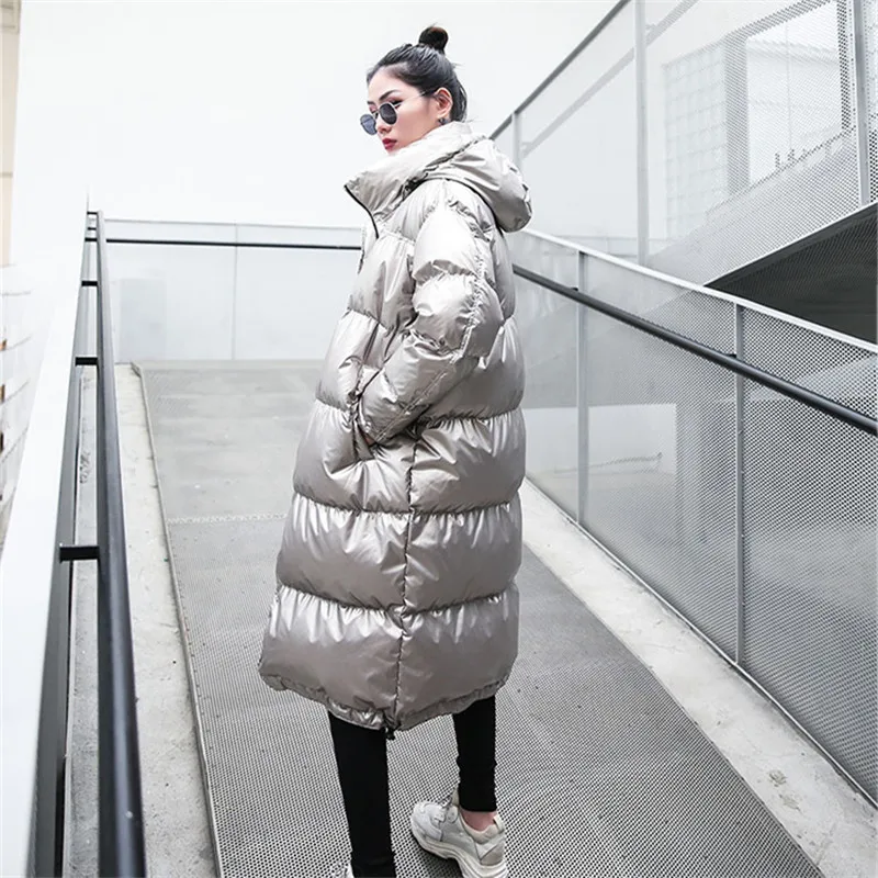 Korean Winter Long Down Cotton Jacket Women Fashion Glossy Silver Hooded Coat 2020 Plus size Loose Thin Warm Parkas Mujer Female