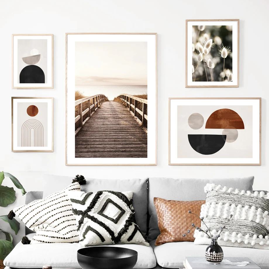 Seaside Bridge Grass Nordic Posters And Prints Abstract Geometry Curve Wall Art Canvas Painting Decor Pictures For Living Room