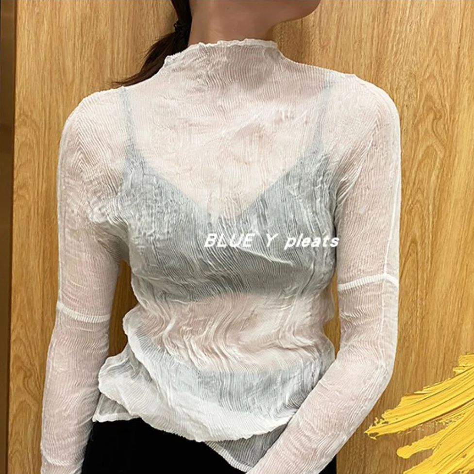 Miyake Pleated Turtleneck Lace Bottoming Shirt Women Inner Wear All-match High Neck Sexy Slim Long Sleeve T-shirt