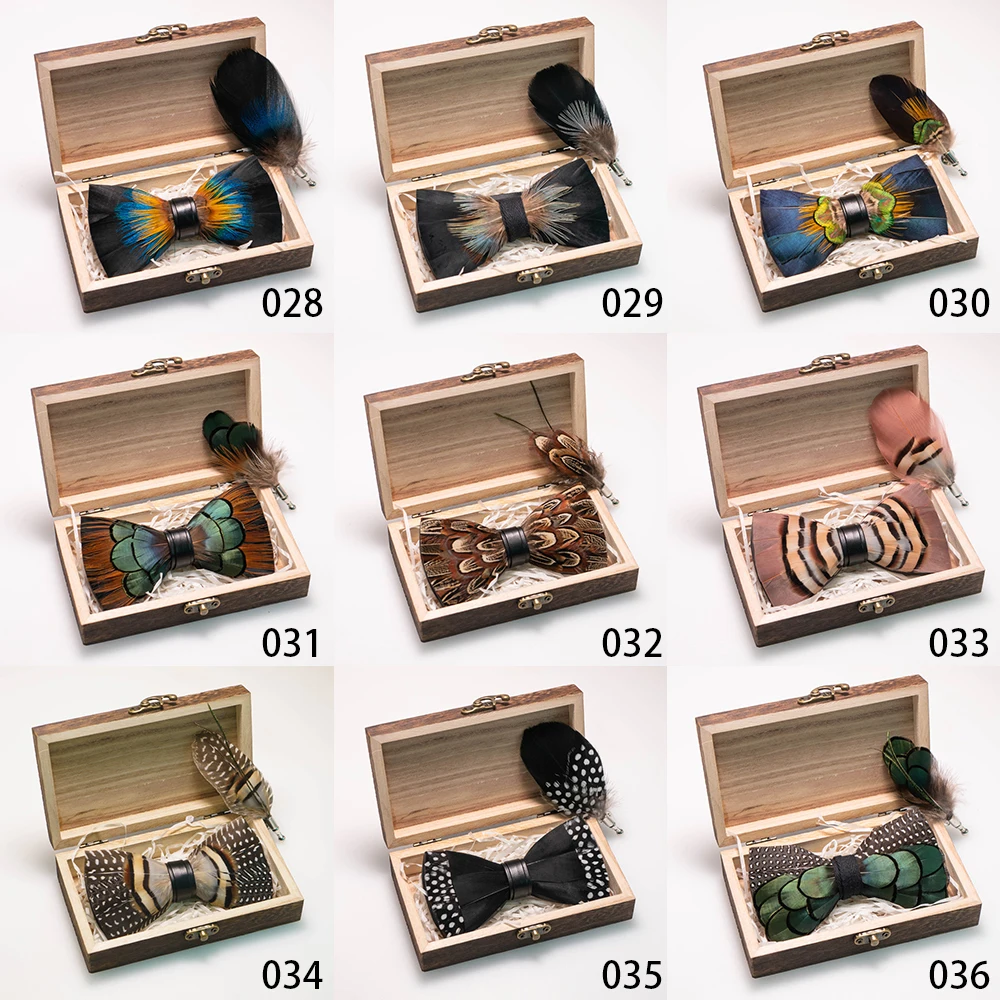 EASTEPIC Handmade Feather Bow Tie Brooch Wooden Box Set Men's Exquisite Accessories for Wedding Party Birthday Gift Necktie