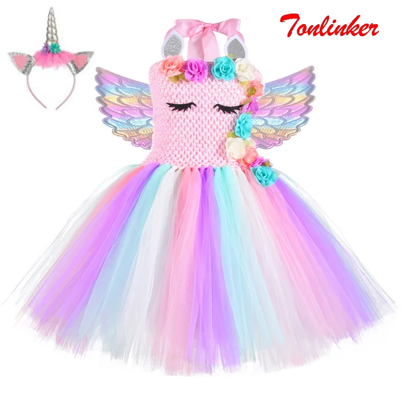 Costume d'halloween licorne à fleurs pour filles, tenue fantaisie Tutu en maille arc-en-ciel, tenue de fête de noël, vêtements de concours de fleurs