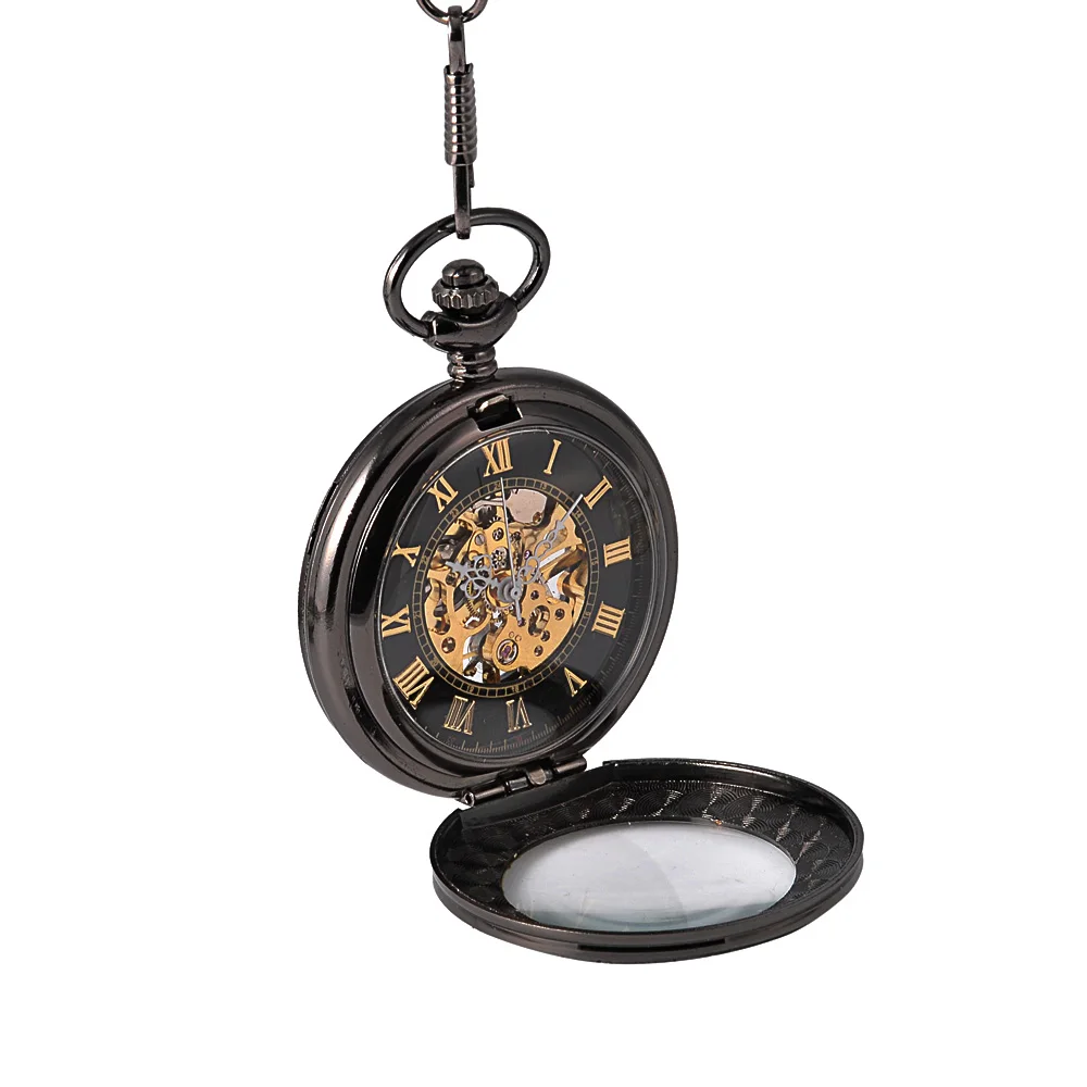 8942Fashion retro black big size mechanical pocket watch decorative pattern Rome scale with thick chain pocket watch