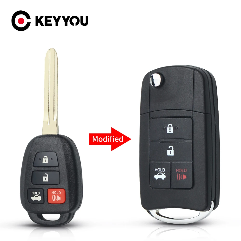 KEYYOU-carcasa de llave de coche remota modificada, Fob, 4 botones, TOY43 Blade Flip Case para Toyota CAMRY 2012 2013 2014 2015 Corolla 2014 2015