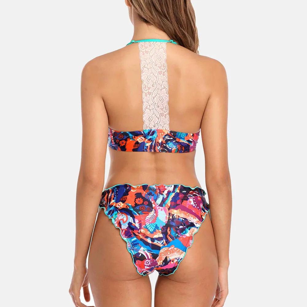 Anfilia kobiety Bikini Set kwiatowy Print strój kąpielowy Halter koronkowe stroje kąpielowe boczne bandaż seksowny kostium kąpielowy typu push up