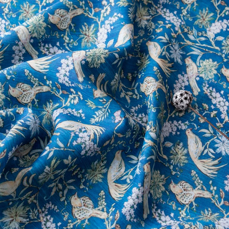 High quality natural ramie patchwork Blue bottom Bird Print fabric Fashion Gown Dress Pants Shirt coat tissu