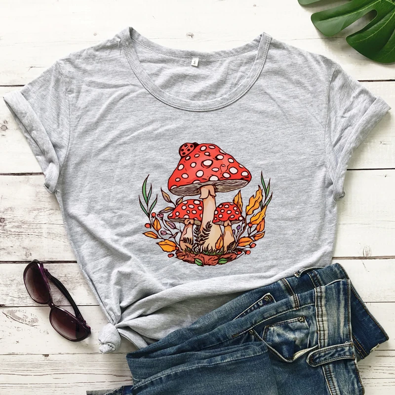 Colored Wild Mushroom 100% Cotton T-shirt Aesthetic Mycology Plant Tshirt Women Cottagecore Vegan Top Tee Shirt