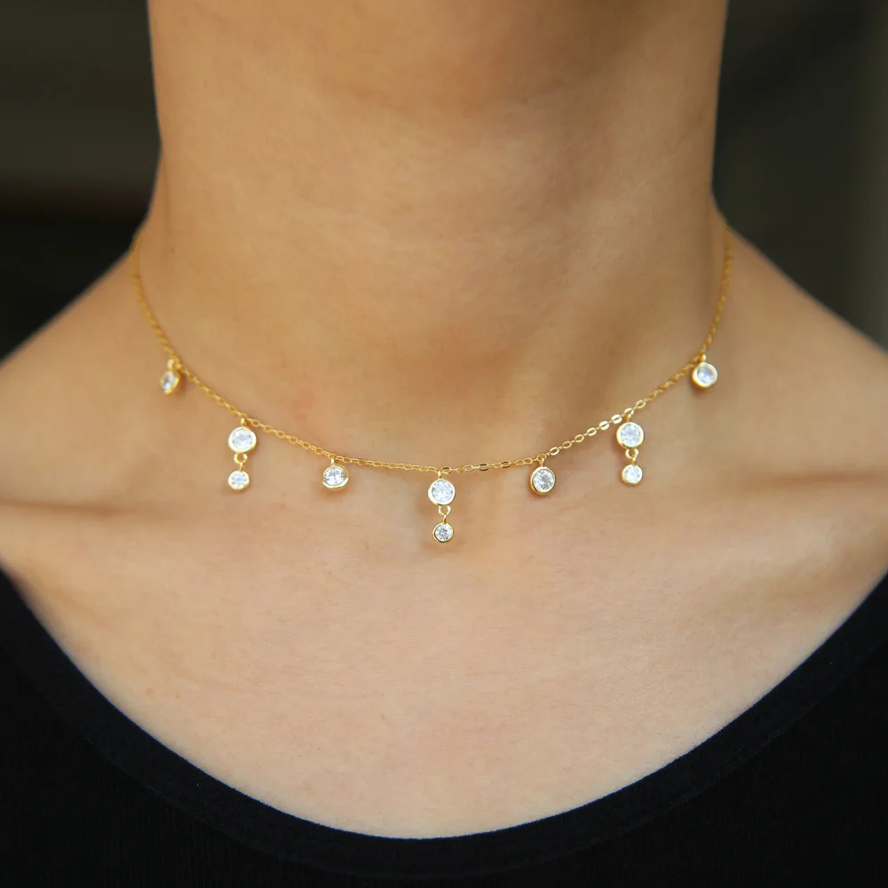 2024 Genuine 925 Sterling Silver With Round CZ Zirconia Charm Tear Drop Choker Tassel Chain Elegant Wedding Gift Women Necklaces